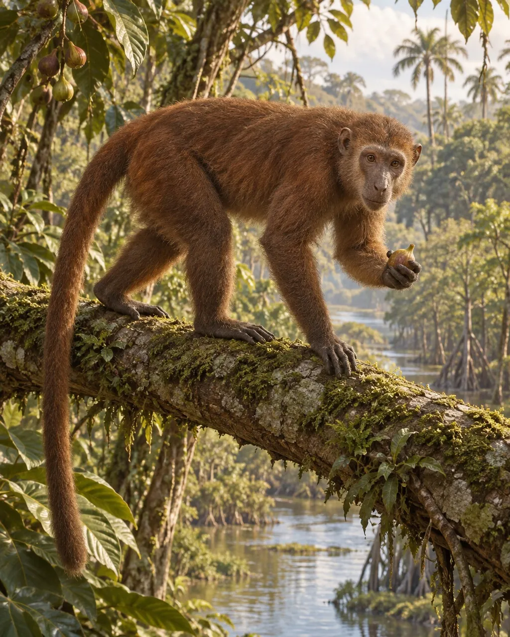 Reconstruction of Aegyptopithecus, a monkey-like primate with thick reddish-brown fur, a long tail and forward-facing eyes, walking on all fours along a mossy branch above a tropical river and holding a fig