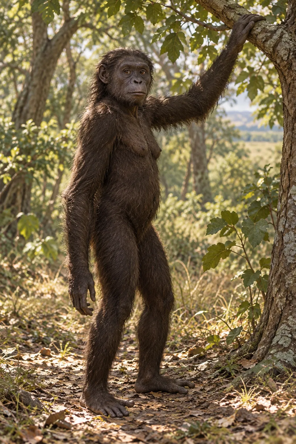 Reconstruction of Ardi, an Ardipithecus ramidus covered in dark shaggy hair, standing upright beside a tree with one hand on a branch, her big toes splayed out to the side