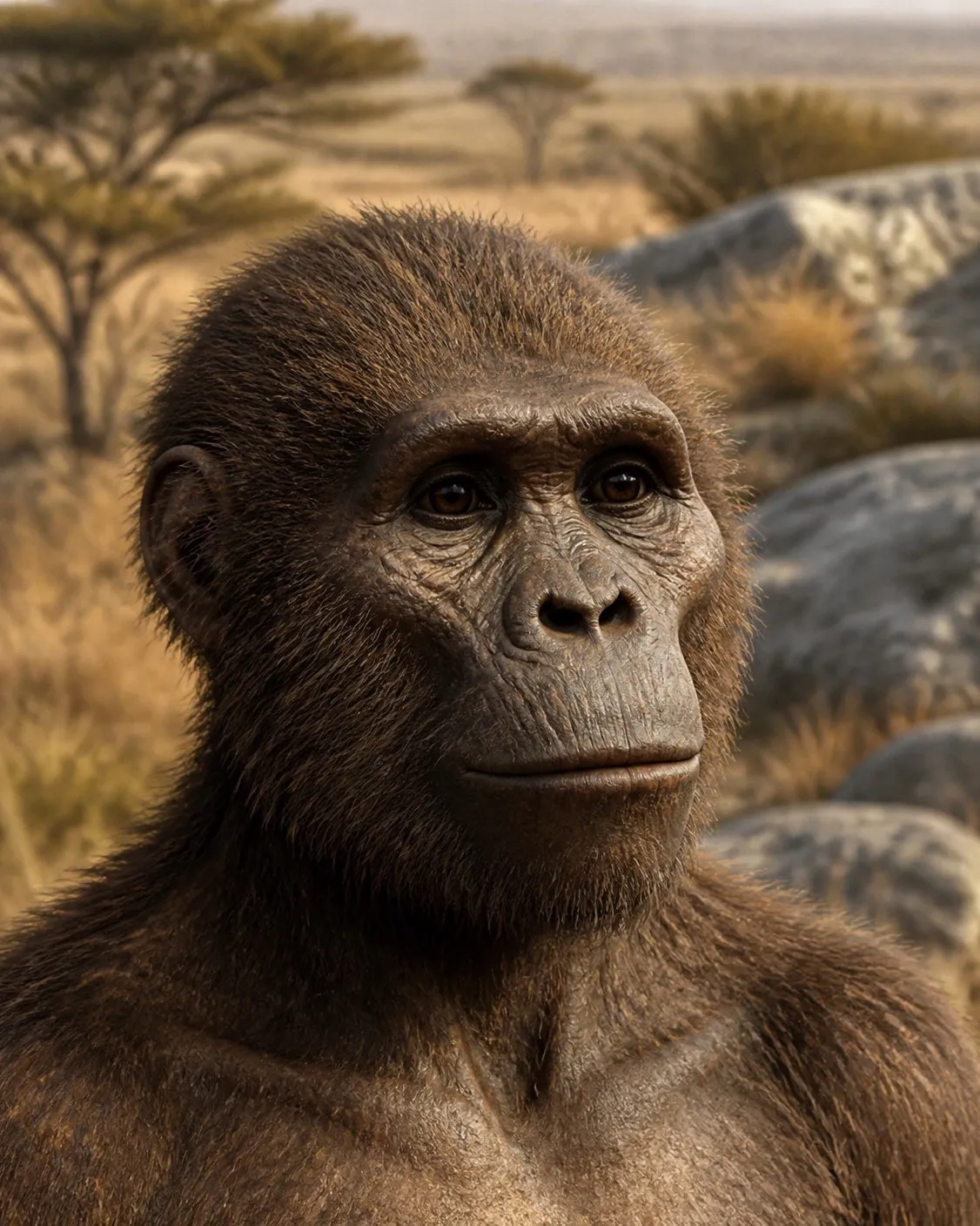 Reconstruction of a female Australopithecus africanus, head and shoulders, with a broad flat nose, a forward-set lower face and dark hair