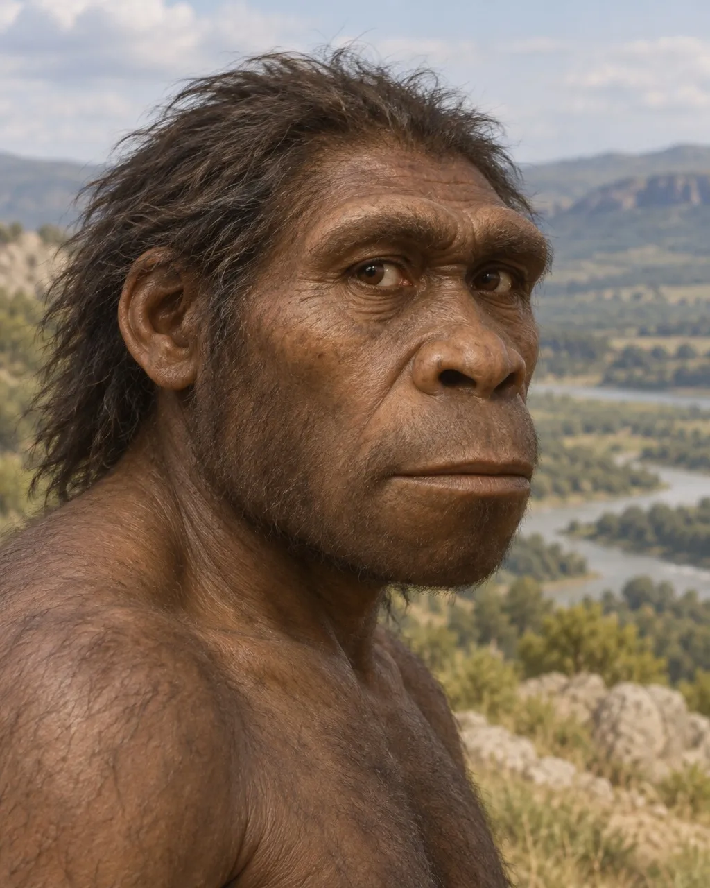 Reconstruction of an adult male early Homo erectus with a large face, a heavy brow, the mouth set forward and shaggy dark hair, on a hilltop above river valleys