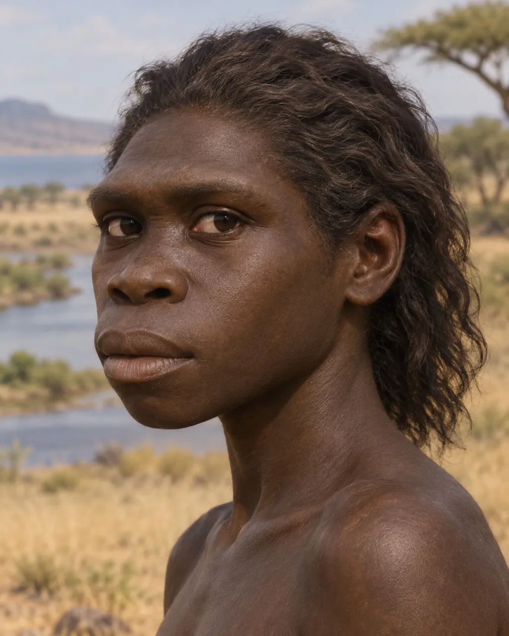 Reconstruction of Turkana Boy, a young Homo erectus, head and shoulders, with very dark skin, loose wavy dark hair swept back, a low sloping forehead above a straight brow ridge, a broad nose and no chin, with dry grassland, acacia trees and water behind