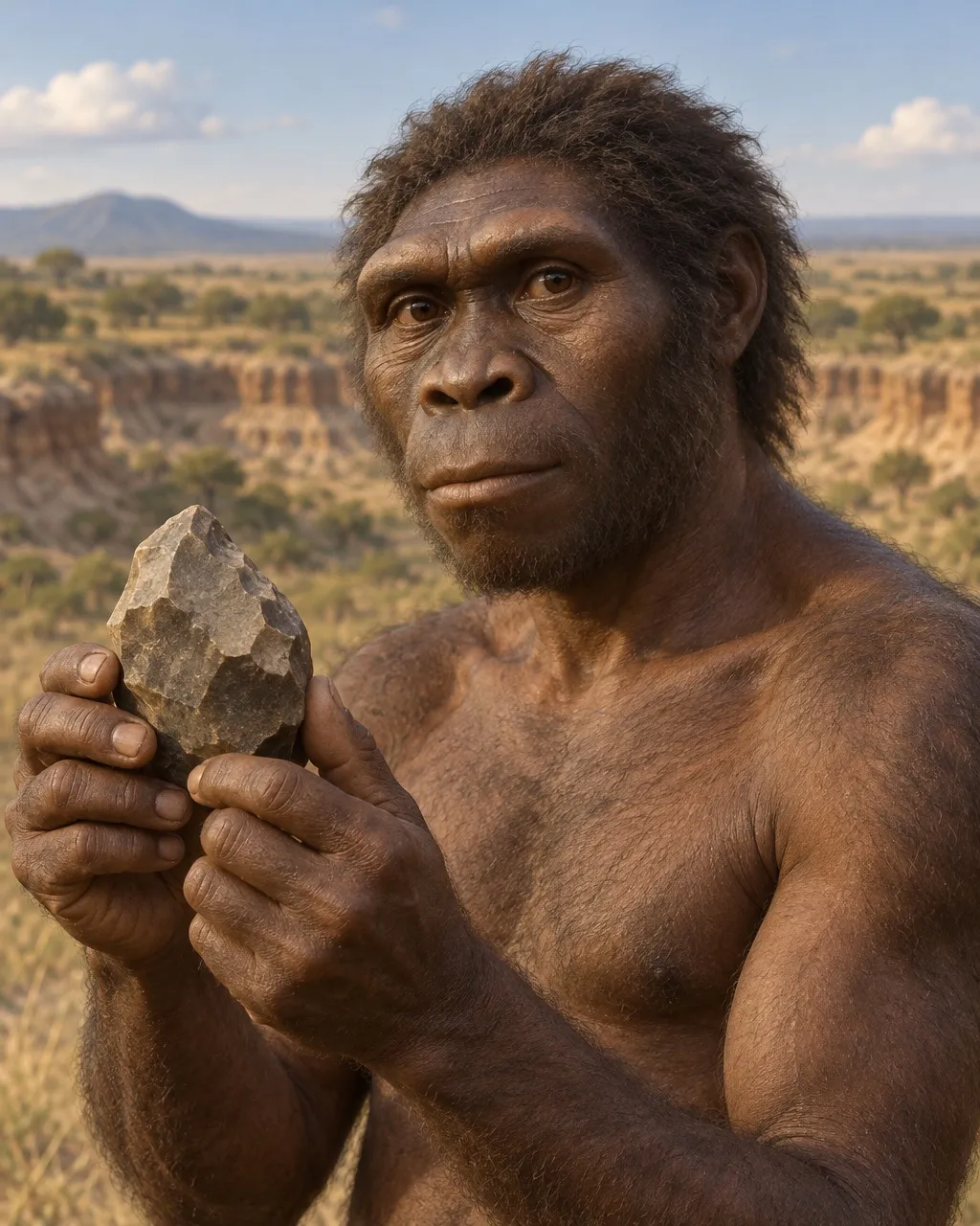 Reconstruction of a male Homo habilis holding up a flaked stone tool in both hands, with the layered walls of Olduvai Gorge behind