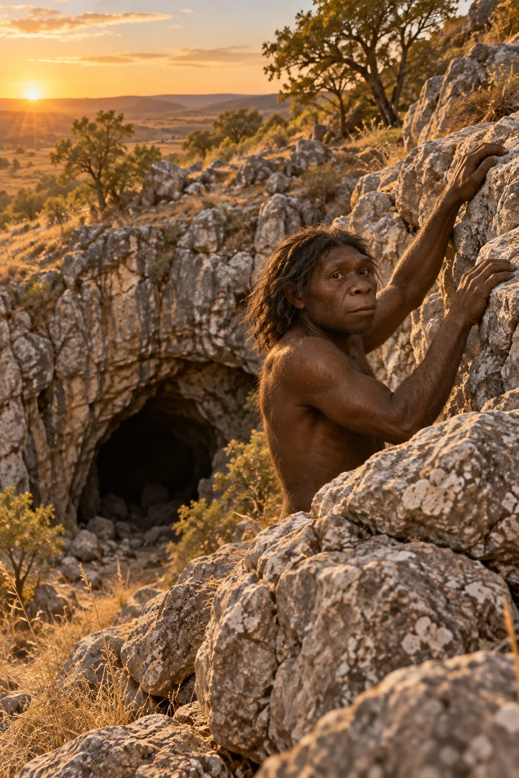 Reconstruction of a male Homo naledi with dark skin and loose wavy hair, climbing pale dolomite rocks beside a cave mouth at sunset and looking back