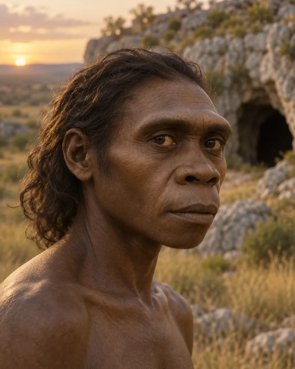 Reconstruction of a male Homo naledi, head and shoulders, with dark brown skin, loose wavy dark hair pushed back, a small low head, a flat brow ridge, a low sloping forehead and no chin, with pale rock outcrops and a cave mouth behind at sunset