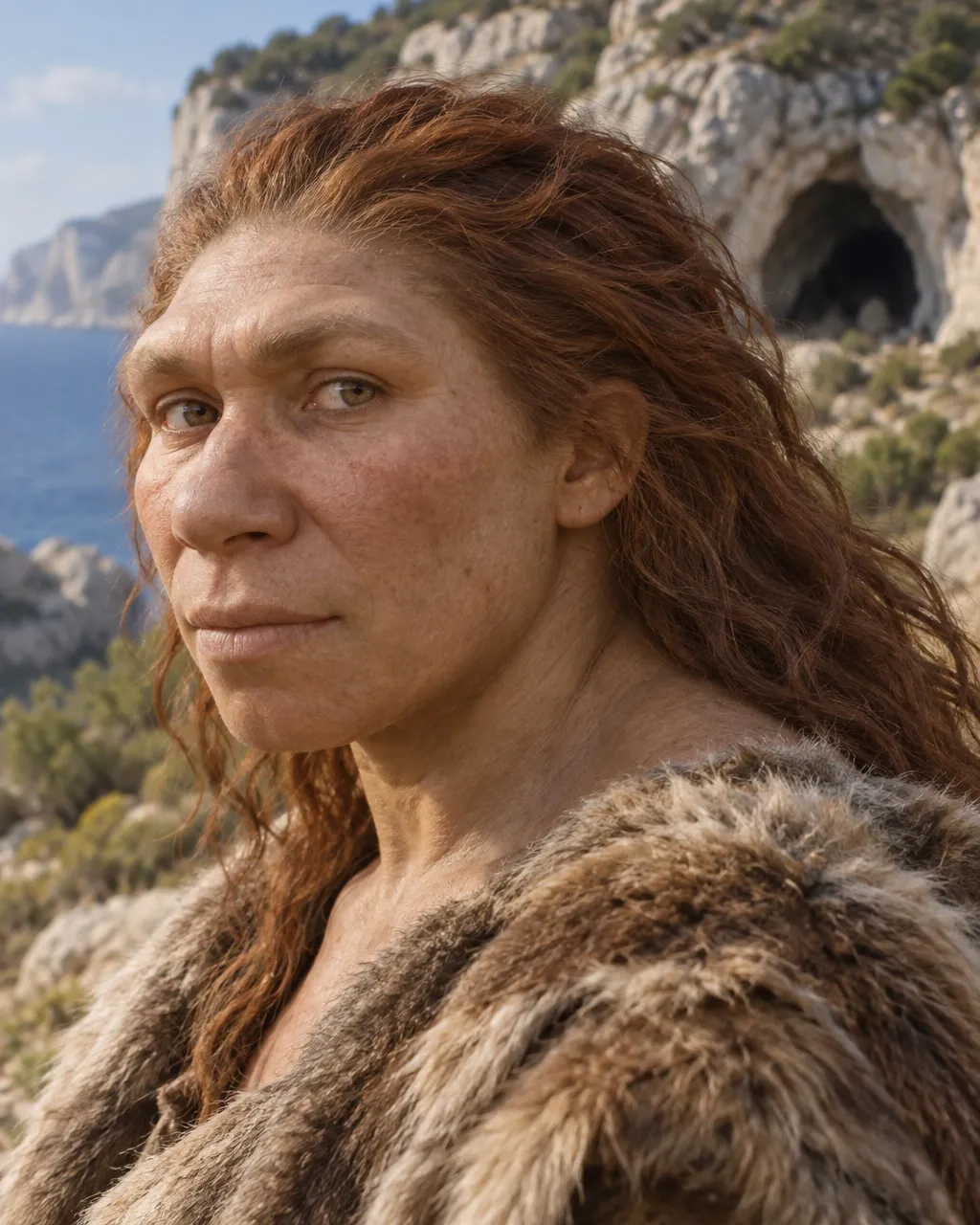 Reconstruction of a female Neanderthal, head and shoulders, with fair freckled skin, long wavy auburn hair, a rounded brow ridge, a low forehead, a large nose and a weak chin, wearing a fur hide over her shoulders, with limestone cliffs, the sea and a cave mouth behind