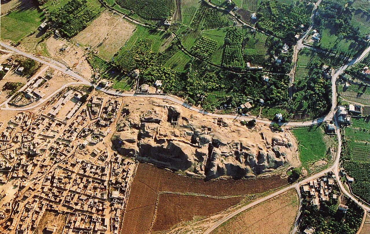 An aerial view of the ancient mound of Tell es-Sultan at Jericho and its excavations