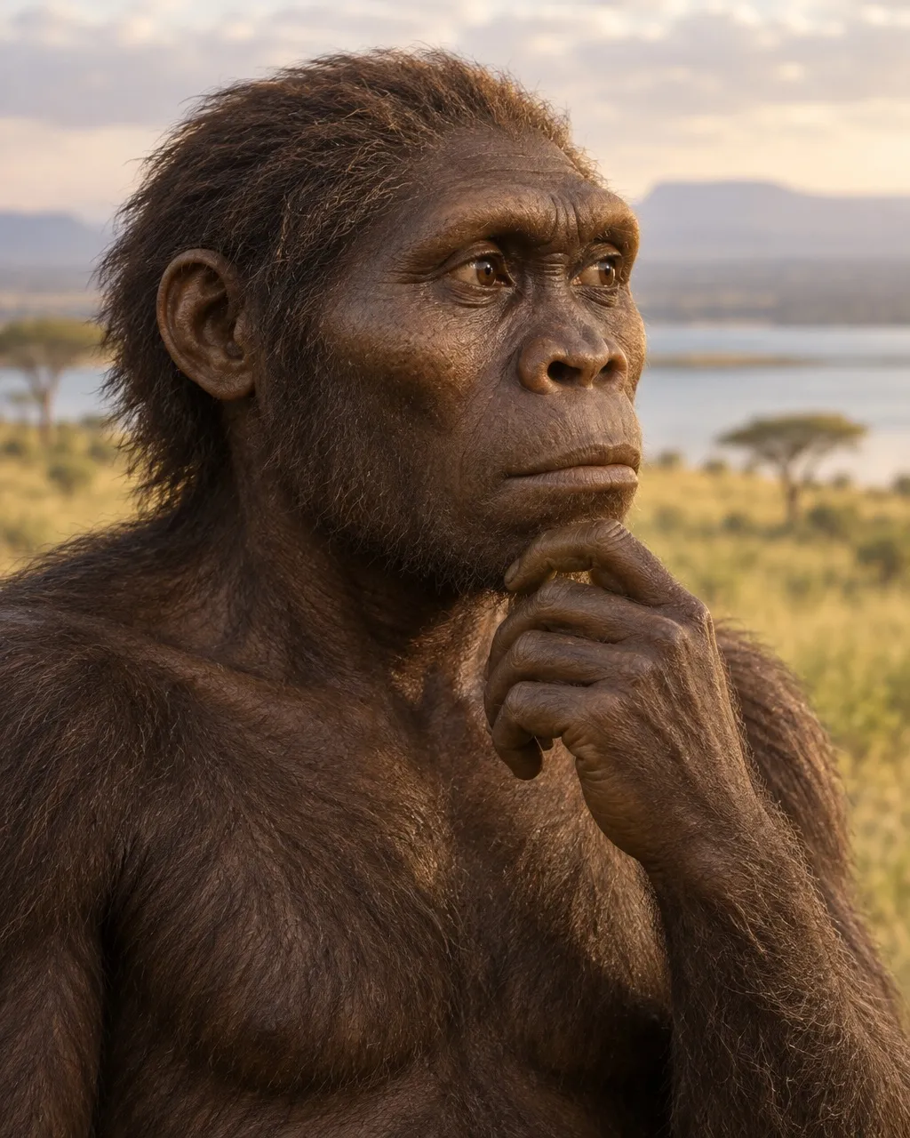 Reconstruction of a male Kenyanthropus platyops with dark brown hair, a small head and a flat face, resting his fingers against his chin as if thinking, with savanna and Lake Turkana behind