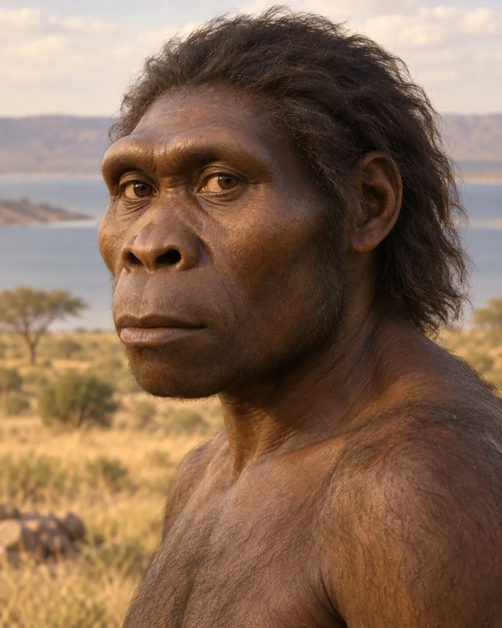 Reconstruction of an adult male early Homo with a long, broad, flat face, a light brow and shaggy dark hair, with Lake Turkana behind