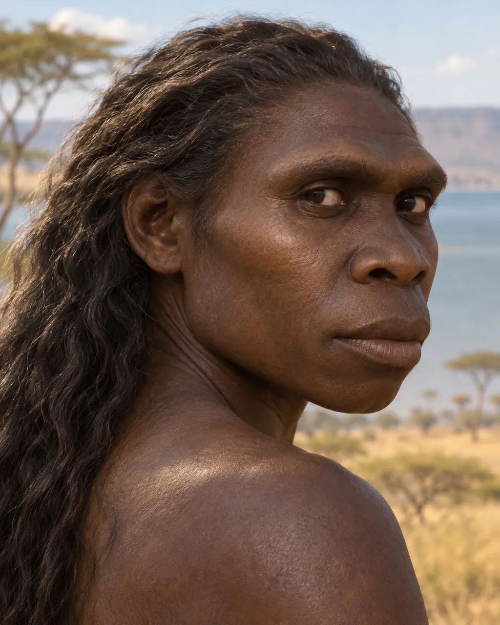 Reconstruction of an adult female Homo erectus with very dark skin, long wavy hair, a flat brow ledge and a low sloping forehead, looking back over her shoulder, with Lake Turkana behind