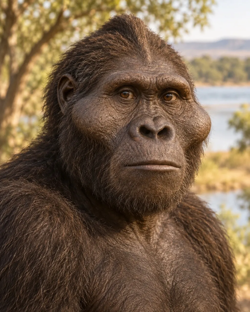 Reconstruction of an adult male Paranthropus boisei with a crest on top of the head, very wide cheekbones, a broad flat face and thick dark hair