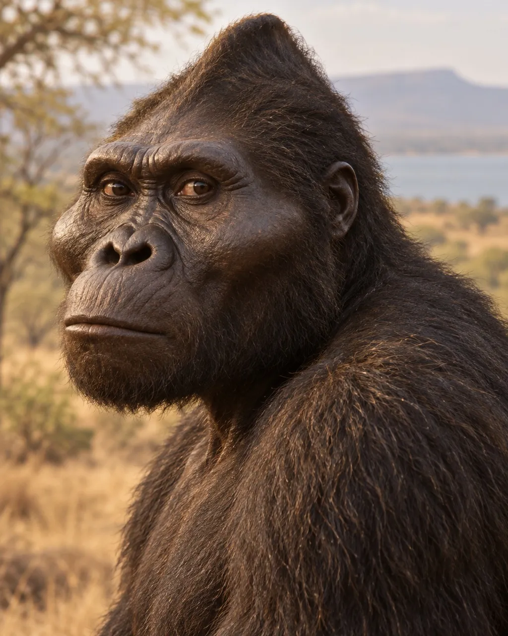 Reconstruction of a male Paranthropus aethiopicus with a tall crest on top of the head, a broad dished face, a jutting muzzle and thick dark hair