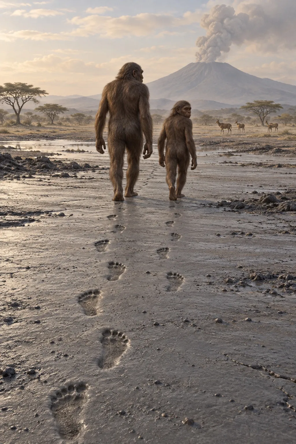 Reconstruction of two hairy Australopithecus afarensis, one larger and one smaller, walking upright away across wet grey volcanic ash, leaving a trail of footprints, with a smoking volcano in the distance