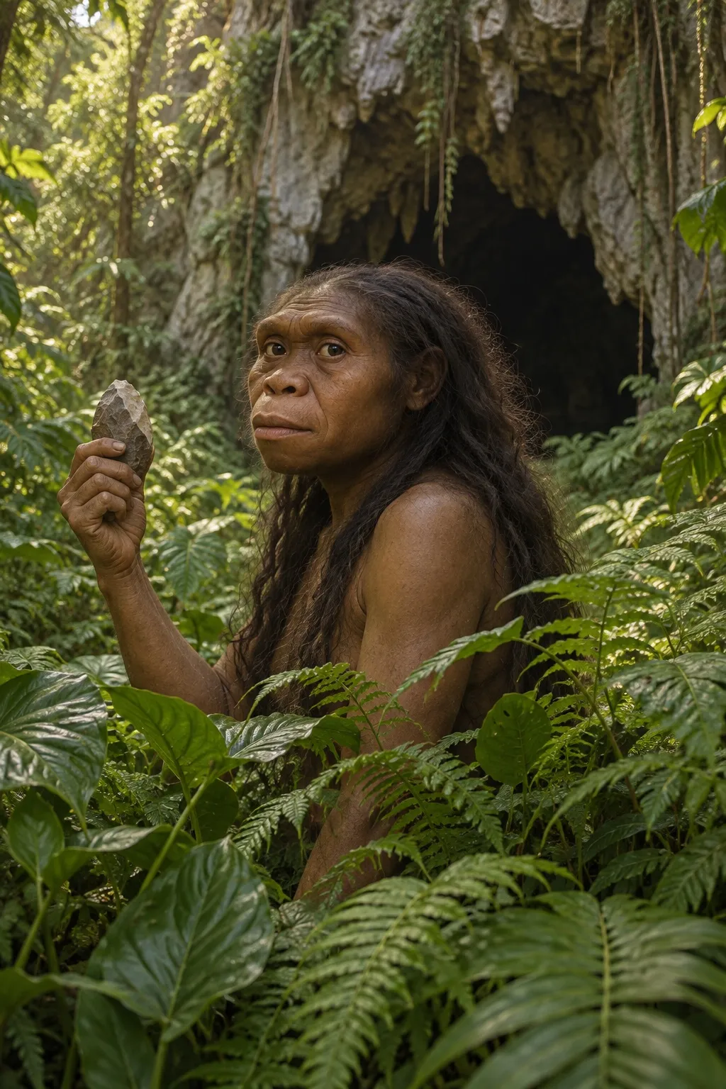 Reconstruction of LB1, a small Homo floresiensis woman with a small head, a low forehead and long dark hair, among tropical ferns at the mouth of Liang Bua cave, holding up a stone tool