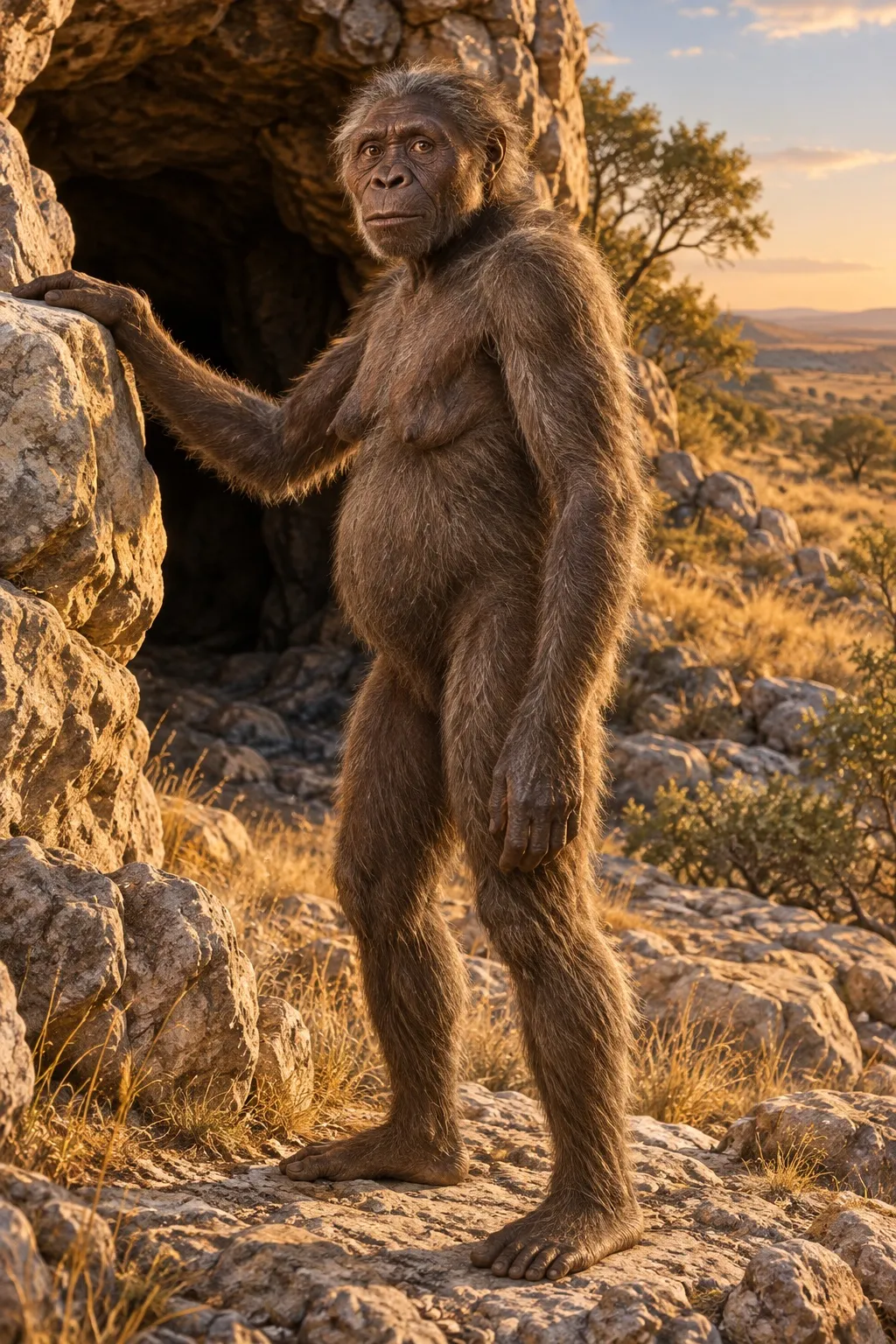 Reconstruction of Little Foot, an older Australopithecus covered in grizzled greyish-brown hair, standing upright on dolomite rock at the mouth of a cave, one hand on the rock