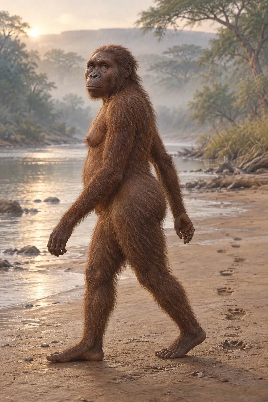 Reconstruction of Lucy, a small Australopithecus afarensis covered in shaggy reddish-brown hair, with long arms and short legs, seen from the side walking upright along a misty riverbank and leaving footprints in the sand