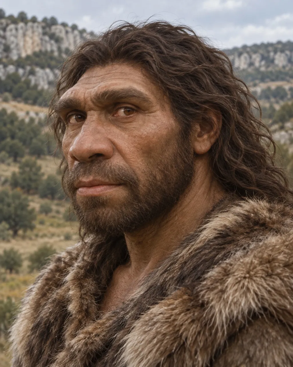 Reconstruction of an adult man of the early Neanderthal line with a rounded double brow, a big nose, a beard, long wavy hair and a fur hide, with the limestone hills of Atapuerca behind