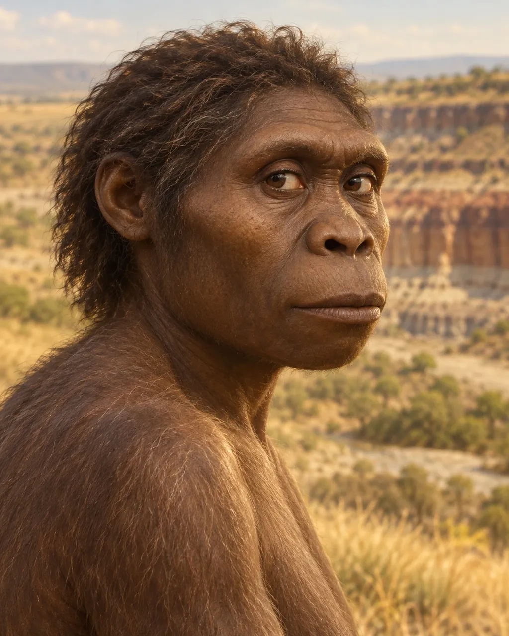 Reconstruction of an adult female Homo habilis with a small head, a clear brow, the mouth set forward and shaggy dark hair, with the walls of Olduvai Gorge behind
