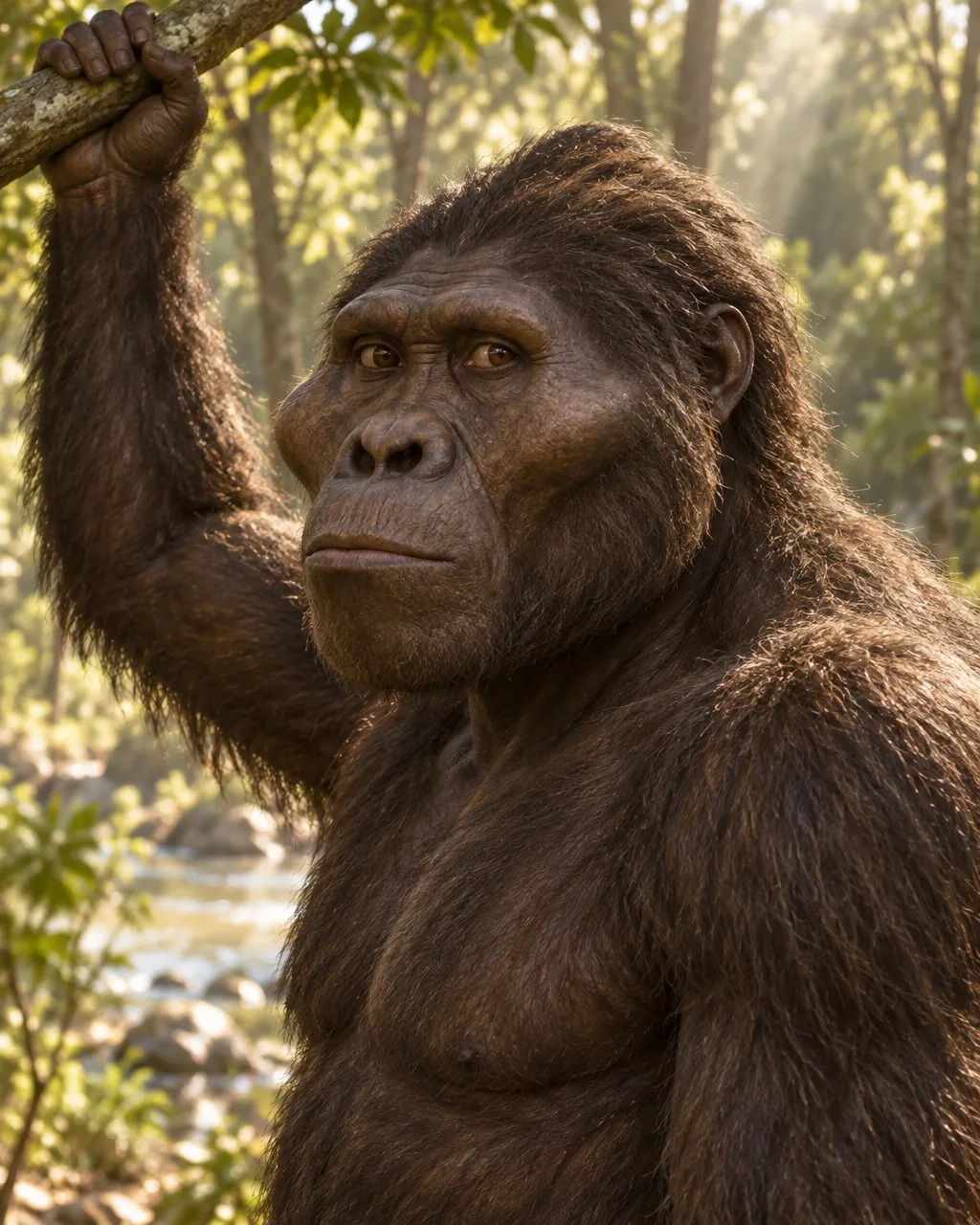 Reconstruction of a male Paranthropus with thick dark brown hair, a wide face with flaring cheekbones and a deep jaw, one arm raised to grip a branch, in sunlit woodland