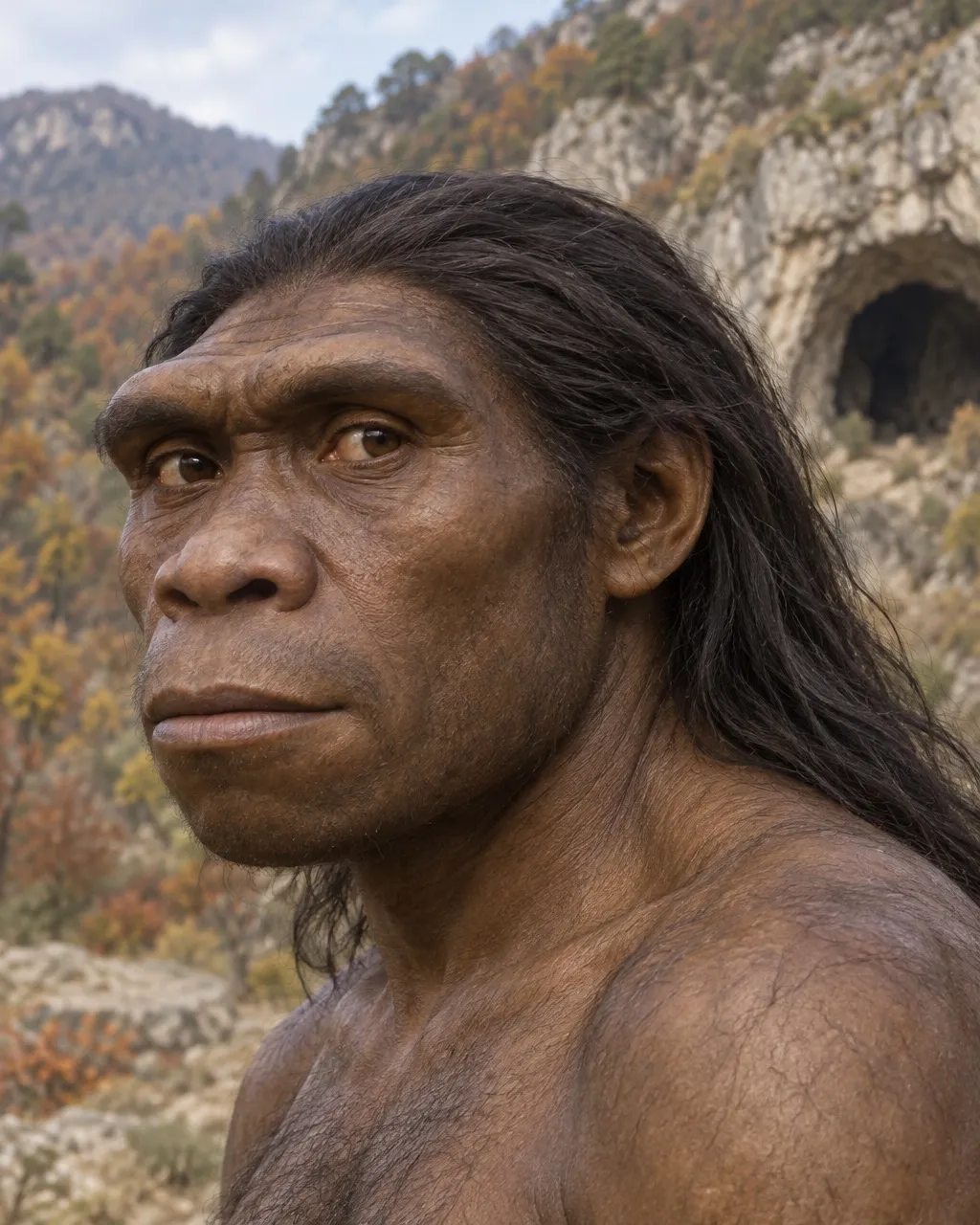 Reconstruction of an adult male Homo erectus with a thick, flat brow ledge, a low forehead, a broad face and long straight dark hair, with the Zhoukoudian cave and autumn hills behind