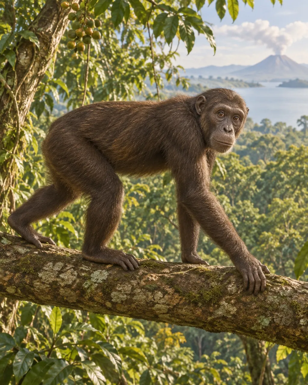 Reconstruction of Proconsul, an early ape with dark brown fur and no tail, walking on all fours along the top of a branch in tropical forest, with a lake and a volcano behind