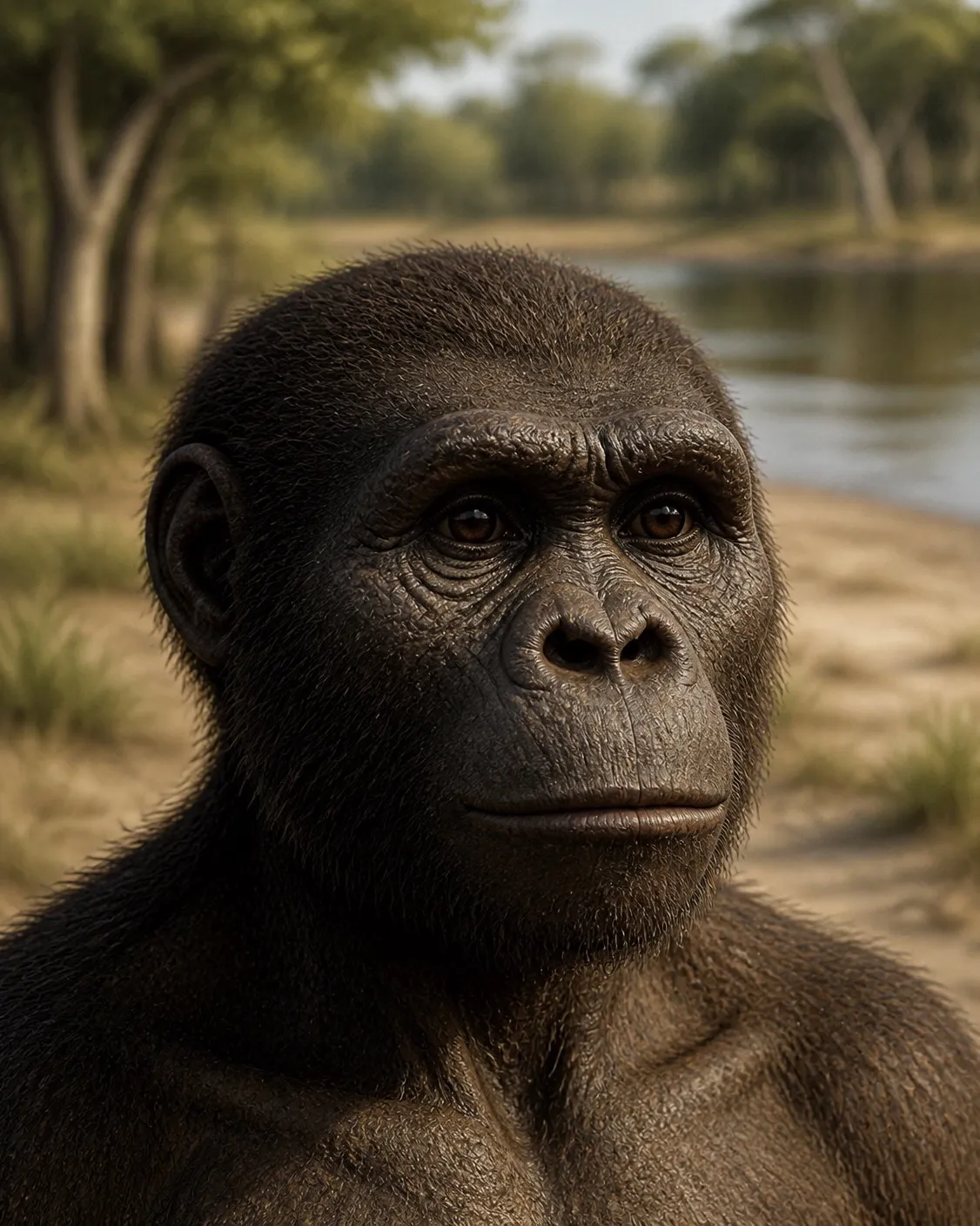 Reconstruction of a male Sahelanthropus tchadensis, head and shoulders, with dark wrinkled skin, a heavy brow ridge, a broad flat nose and a flat face, beside a lake with tall trees
