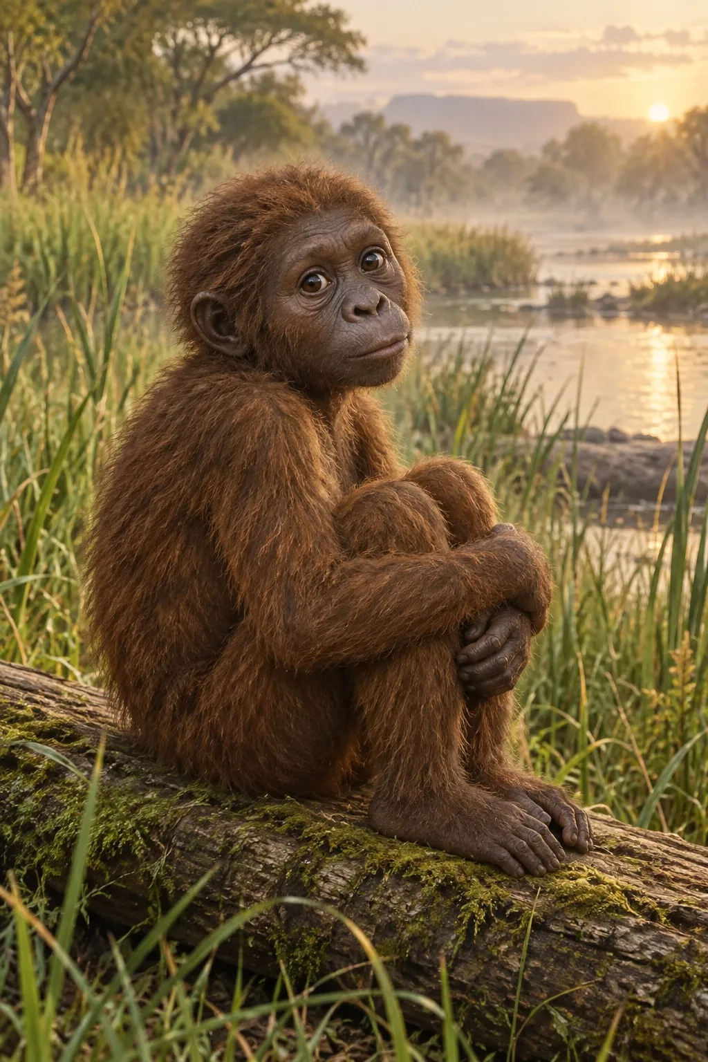 Reconstruction of Selam, a small Australopithecus afarensis child covered in fluffy reddish-brown fur, sitting on a mossy log by a river and looking up with big dark eyes