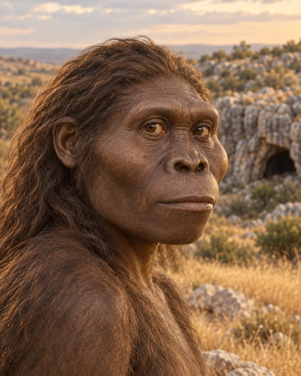 Reconstruction of an adult female Paranthropus robustus with a broad, flat face, wide cheekbones and long brown hair, with dolomite rocks and a cave behind