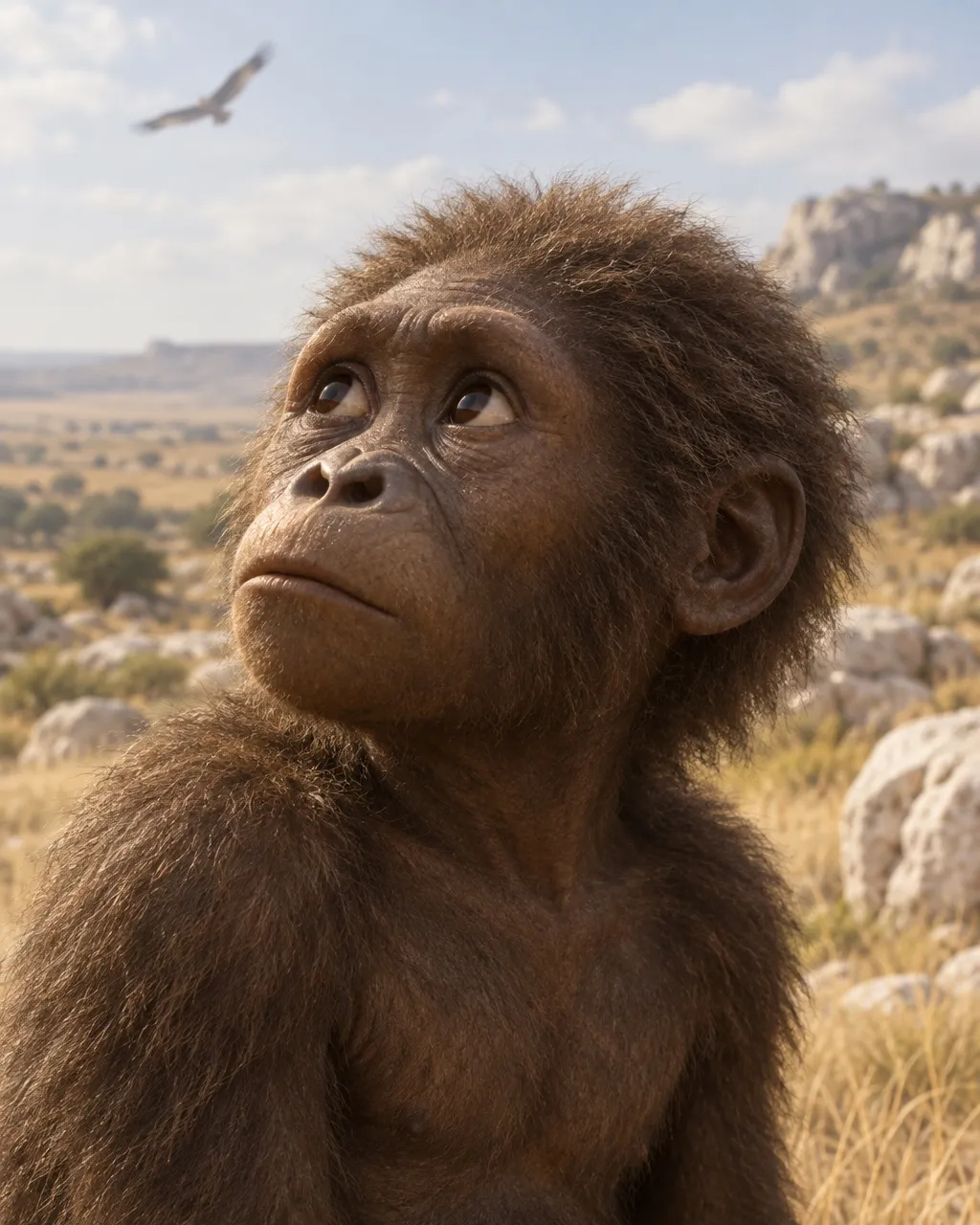 Reconstruction of the Taung Child, a young Australopithecus africanus covered in fluffy brown fur, looking up warily at an eagle flying overhead, with dry grassland and pale rocks behind