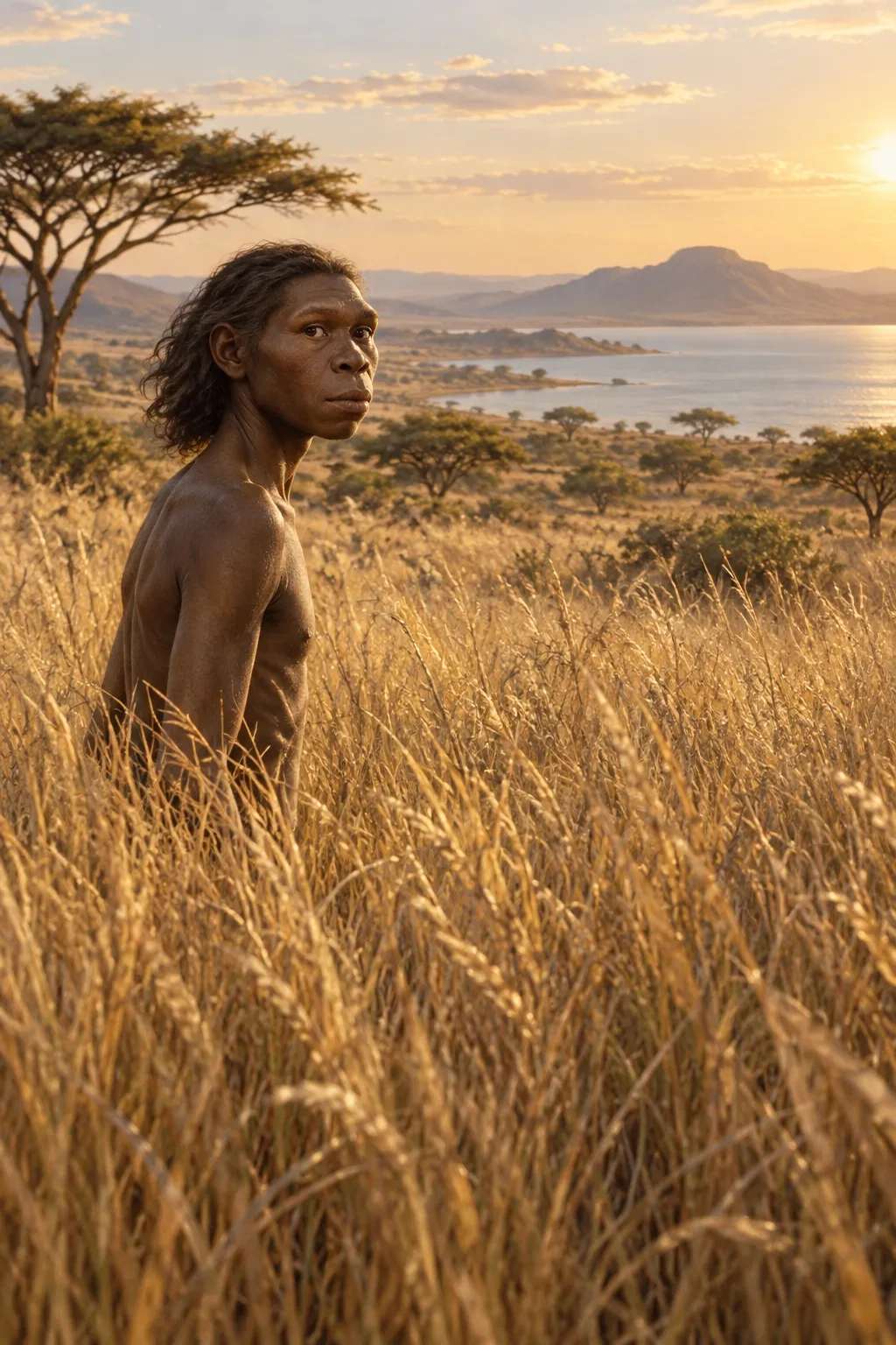 Reconstruction of Turkana Boy, a slender young Homo erectus with very dark skin and loose wavy hair, walking through tall golden grass near Lake Turkana and looking back over his shoulder, with acacia trees and hills behind